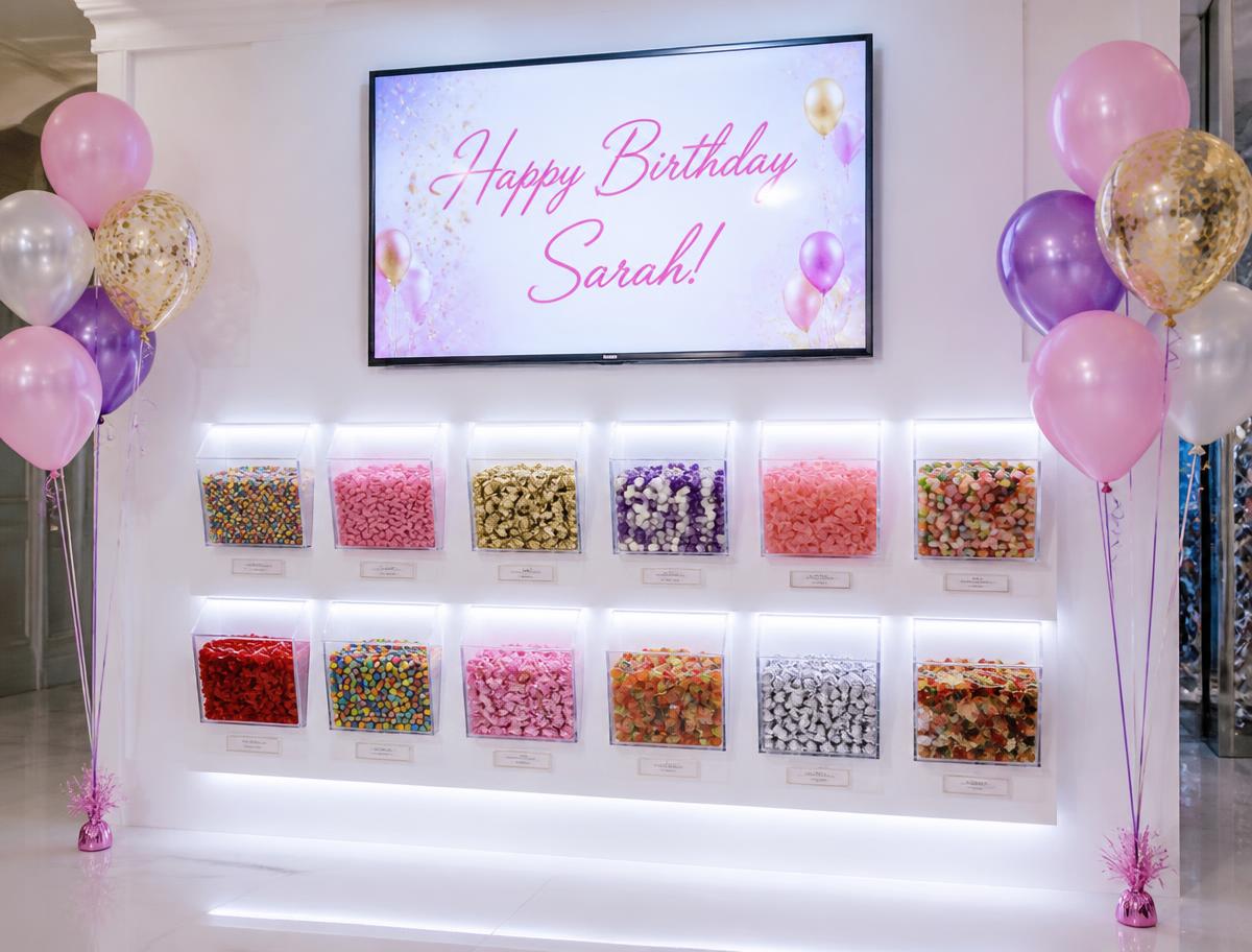 Seven-foot candy wall with twelve lit acrylic candy bins and a custom digital display
